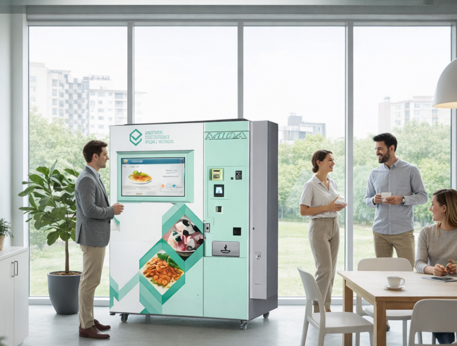 Automat z ciepłymi posiłkami i pracownicy w biurze